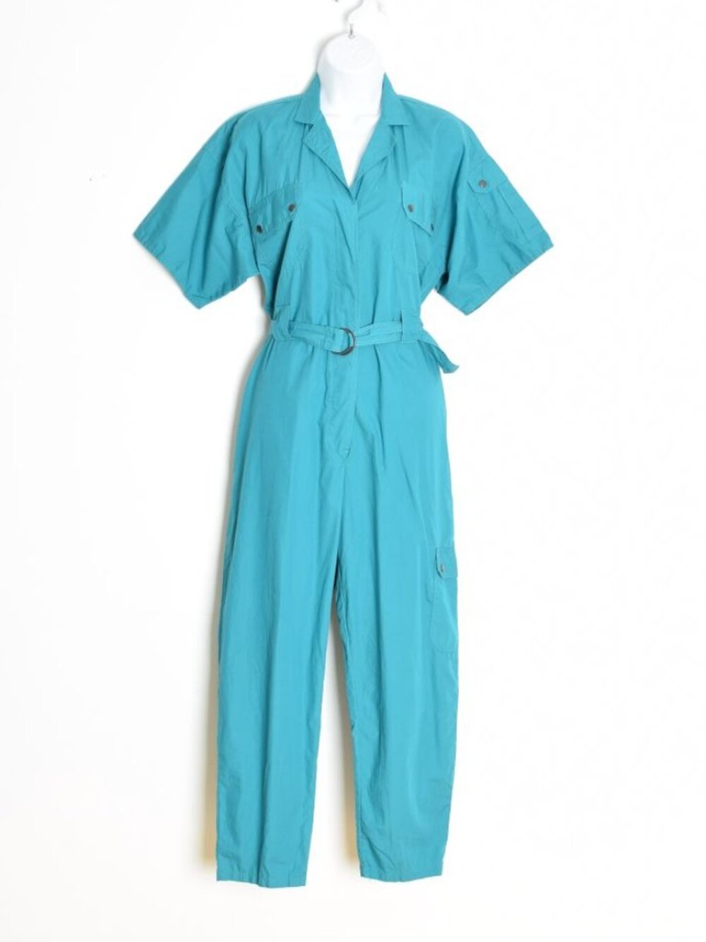 vintage 80s flight jumpsuit teal cotton one piece outfit romper pantsuit M